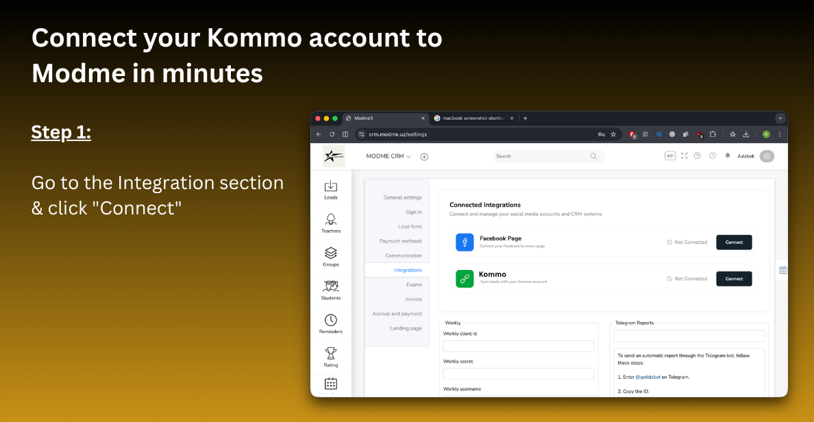 Integrations section in Modme CRM