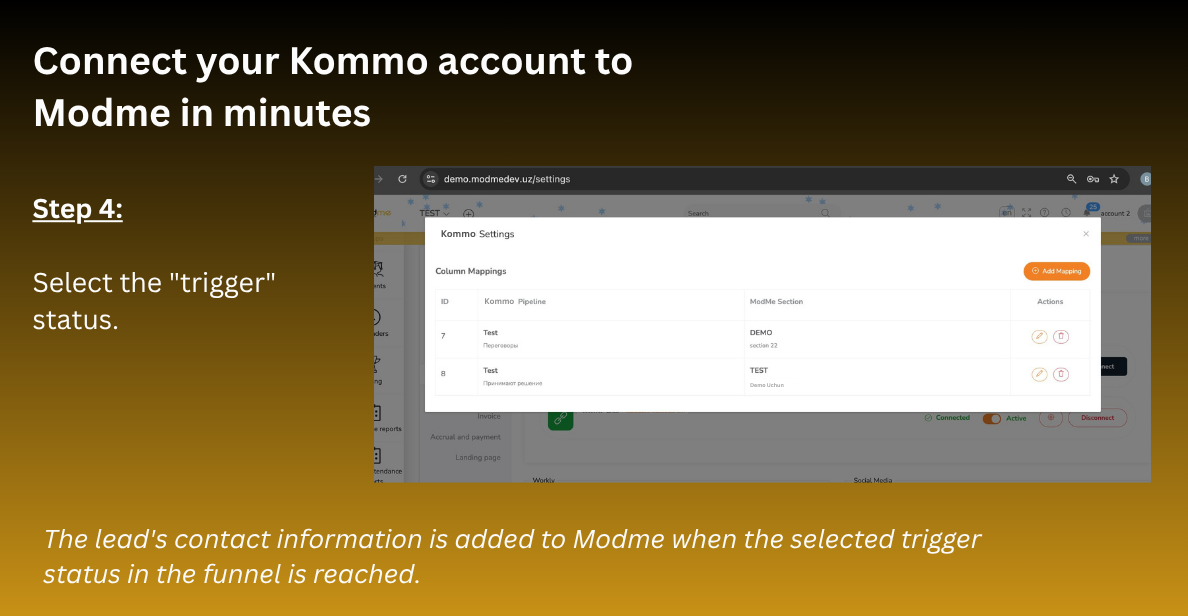 Kommo trigger status configuration